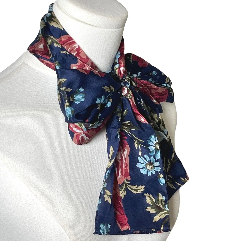 Floral Satin Neck Scarf Navy Blue Bow Tie Neck Cottagecore Vintage‎ Style OS